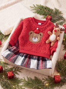 SHEIN Playful Pals 2件組女嬰衛衣裙套裝，可愛甜美鮮紅熊貼布，毛茸茸格紋長袖圓領加厚雪尼爾，適合冬季秋季節日派對 - 紅色 - 查看 6
