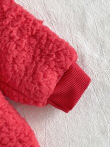 SHEIN Playful Pals 2件組女嬰衛衣裙套裝，可愛甜美鮮紅熊貼布，毛茸茸格紋長袖圓領加厚雪尼爾，適合冬季秋季節日派對 - 紅色 - 查看 8