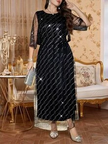 Reflora Plus Size Fashion Party Cocktail Evening Sequin Mesh Dress Autumn Black Elegant - Black - View 10