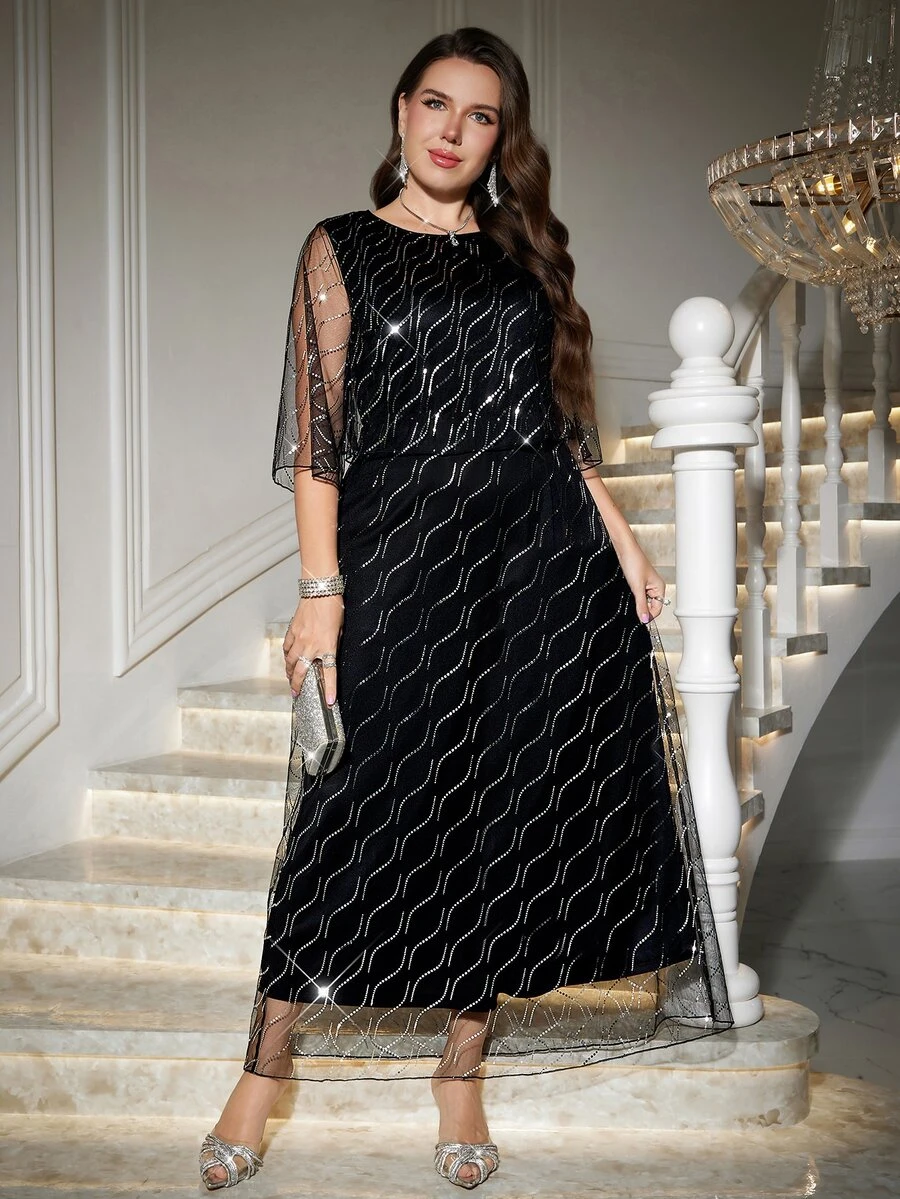 Reflora Plus Size Fashion Party Cocktail Evening Sequin Mesh Dress Autumn Black Elegant
