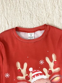 SHEIN Tween女孩秋冬聖誕可愛時尚百搭派對長袖褲裝套裝，日常居家穿著，修身版型 - 紅白色 - 查看 4