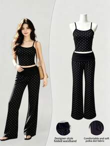 Elamini Women's Sweet Sexy Polka Dot Flare Pants Slimming Two Pieces Set - Black - View 1