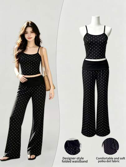Elamini Women's Sweet Sexy Polka Dot Flare Pants Slimming Two Pieces Set