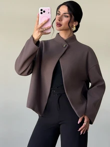 Firerie Women's Autumn/Winter New Loose Long Sleeve Overcoat, Coffee Grey Solid Color Drop Shoulder Fashion Streetwear Versatile Wool Loose Coat, Suitable For Daily Commute And Home Wear - Grey - View 11