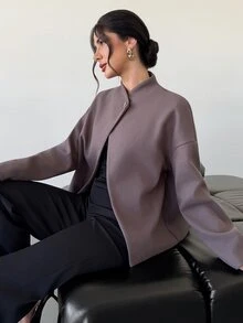 Firerie Women's Autumn/Winter New Loose Long Sleeve Overcoat, Coffee Grey Solid Color Drop Shoulder Fashion Streetwear Versatile Wool Loose Coat, Suitable For Daily Commute And Home Wear - Grey - View 5