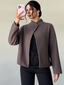 Firerie Women's Autumn/Winter New Loose Long Sleeve Overcoat, Coffee Grey Solid Color Drop Shoulder Fashion Streetwear Versatile Wool Loose Coat, Suitable For Daily Commute And Home Wear - Grey - View 6