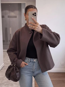Firerie Women's Autumn/Winter New Loose Long Sleeve Overcoat, Coffee Grey Solid Color Drop Shoulder Fashion Streetwear Versatile Wool Loose Coat, Suitable For Daily Commute And Home Wear - Grey - View 3