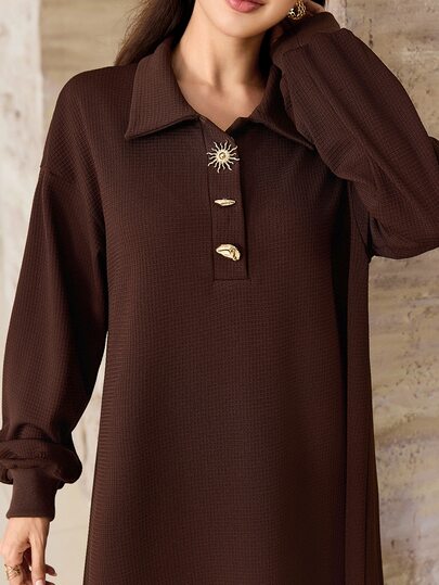 Seusyu Dark Brown Plaid Textured Knit Sweatshirt With Collar And Asymmetrical Metal Button Decor Everyday Travel Autumn Minimalist Casual