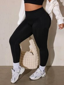 SHEIN Rhythm Era Women's Plus Size Solid Color High Waist Daily Fitness Leggings - Black - View 8