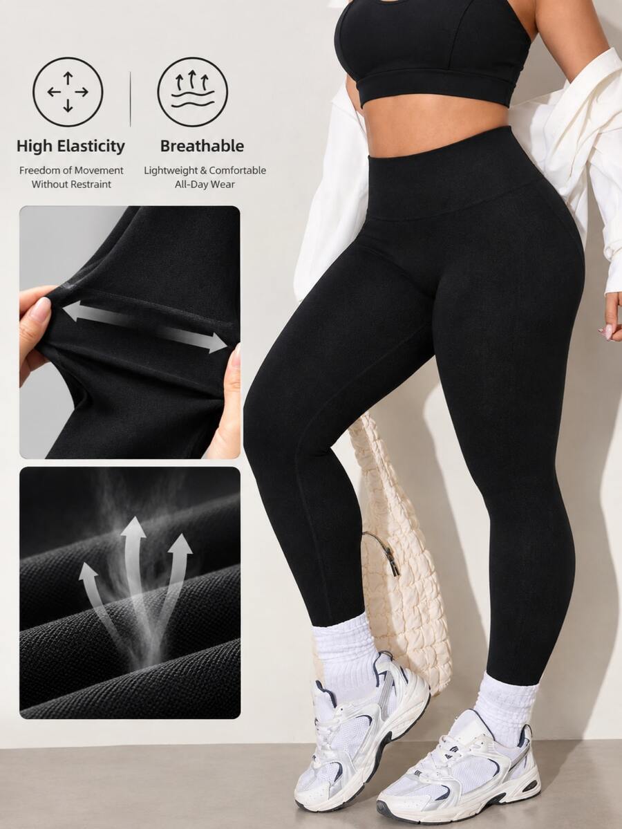 SHEIN Rhythm Era Women's Plus Size Solid Color High Waist Daily Fitness Leggings - Black - View 1