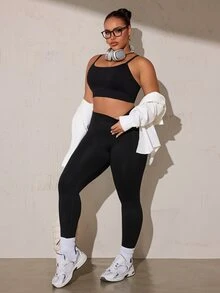 SHEIN Rhythm Era Women's Plus Size Solid Color High Waist Daily Fitness Leggings - Black - View 7