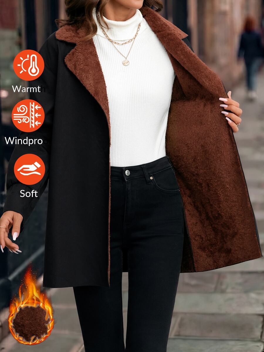 SHEIN Clasi Turn Collar Thermal Lined Long Sleeve Autumn Winter Jacket - Black - View 1