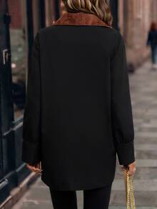 SHEIN Clasi Turn Collar Thermal Lined Long Sleeve Autumn Winter Jacket - Black - View 2