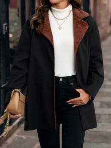 SHEIN Clasi Turn Collar Thermal Lined Long Sleeve Autumn Winter Jacket - Black - View 3