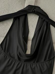 SHEIN Franclia 法式性感垂領露背掛脖無袖女款短洋裝 - 黑色 - 查看 4