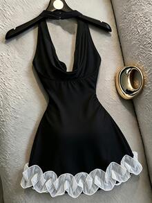 SHEIN Franclia 法式性感垂領露背掛脖無袖女款短洋裝 - 黑色 - 查看 2