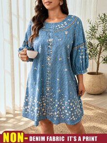 Weeklong Plus Size Women's Small Round Neck Dropped Shoulder Puff 3/4 Sleeve Loose Fit Denim Effect Ditsy Floral Faux Button Mid-Length Casual Vacation Spring Outing Dress - Blue - View 5