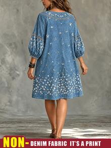 Weeklong Plus Size Women's Small Round Neck Dropped Shoulder Puff 3/4 Sleeve Loose Fit Denim Effect Ditsy Floral Faux Button Mid-Length Casual Vacation Spring Outing Dress - Blue - View 11