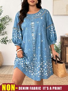 Weeklong Plus Size Women's Small Round Neck Dropped Shoulder Puff 3/4 Sleeve Loose Fit Denim Effect Ditsy Floral Faux Button Mid-Length Casual Vacation Spring Outing Dress - Blue - View 2