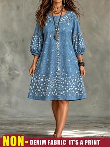 Weeklong Plus Size Women's Small Round Neck Dropped Shoulder Puff 3/4 Sleeve Loose Fit Denim Effect Ditsy Floral Faux Button Mid-Length Casual Vacation Spring Outing Dress - Blue - View 10