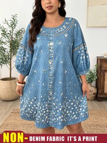Weeklong Plus Size Women's Small Round Neck Dropped Shoulder Puff 3/4 Sleeve Loose Fit Denim Effect Ditsy Floral Faux Button Mid-Length Casual Vacation Spring Outing Dress - Blue - View 8