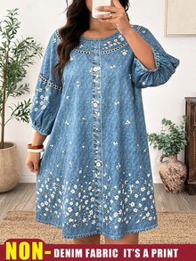 Weeklong Plus Size Women's Small Round Neck Dropped Shoulder Puff 3/4 Sleeve Loose Fit Denim Effect Ditsy Floral Faux Button Mid-Length Casual Vacation Spring Outing Dress - Blue - View 6