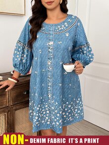Weeklong Plus Size Women's Small Round Neck Dropped Shoulder Puff 3/4 Sleeve Loose Fit Denim Effect Ditsy Floral Faux Button Mid-Length Casual Vacation Spring Outing Dress - Blue - View 7