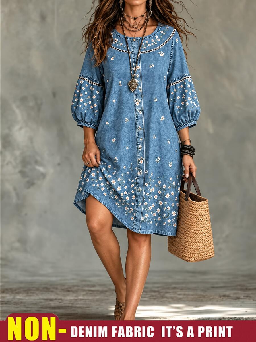 Weeklong Plus Size Women's Small Round Neck Dropped Shoulder Puff 3/4 Sleeve Loose Fit Denim Effect Ditsy Floral Faux Button Mid-Length Casual Vacation Spring Outing Dress - Blue - View 1