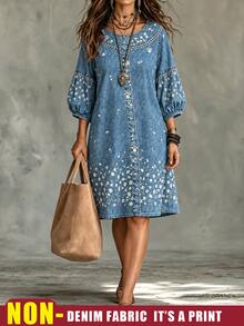 Weeklong Plus Size Women's Small Round Neck Dropped Shoulder Puff 3/4 Sleeve Loose Fit Denim Effect Ditsy Floral Faux Button Mid-Length Casual Vacation Spring Outing Dress - Blue - View 3