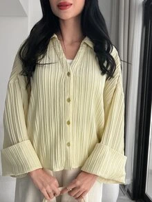Solavon Women's Solid Color Drop Shoulder Long Sleeve Single-Breasted Casual Loose Shirt - Pale Yellow - View 9
