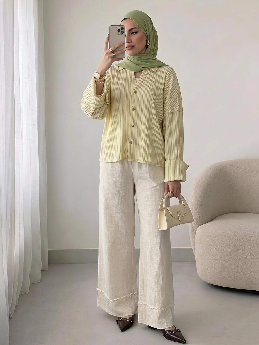 Solavon Women's Solid Color Drop Shoulder Long Sleeve Single-Breasted Casual Loose Shirt - Pale Yellow - View 1