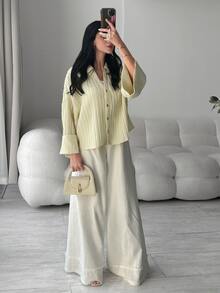 Solavon Women's Solid Color Drop Shoulder Long Sleeve Single-Breasted Casual Loose Shirt - Pale Yellow - View 5