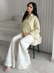 Solavon Women's Solid Color Drop Shoulder Long Sleeve Single-Breasted Casual Loose Shirt - Pale Yellow - View 4