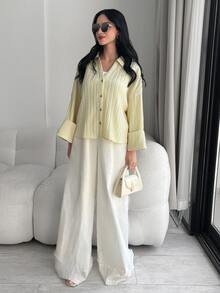 Solavon Women's Solid Color Drop Shoulder Long Sleeve Single-Breasted Casual Loose Shirt - Pale Yellow - View 3