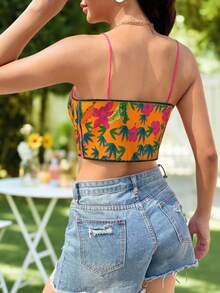 KARISMINA Summer Beach Tropical Print Tie Front Cami Corset Top - Multicolor - View 2