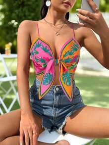 KARISMINA Summer Beach Tropical Print Tie Front Cami Corset Top - Multicolor - View 4