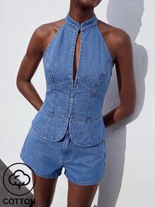 Maija Women's Front Button Halter Neck Fashion Denim Top - Blue - View 7