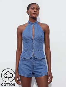 Maija Women's Front Button Halter Neck Fashion Denim Top - Blue - View 6