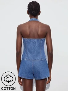 Maija Women's Front Button Halter Neck Fashion Denim Top - Blue - View 3