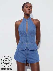 Maija Women's Front Button Halter Neck Fashion Denim Top - Blue - View 8