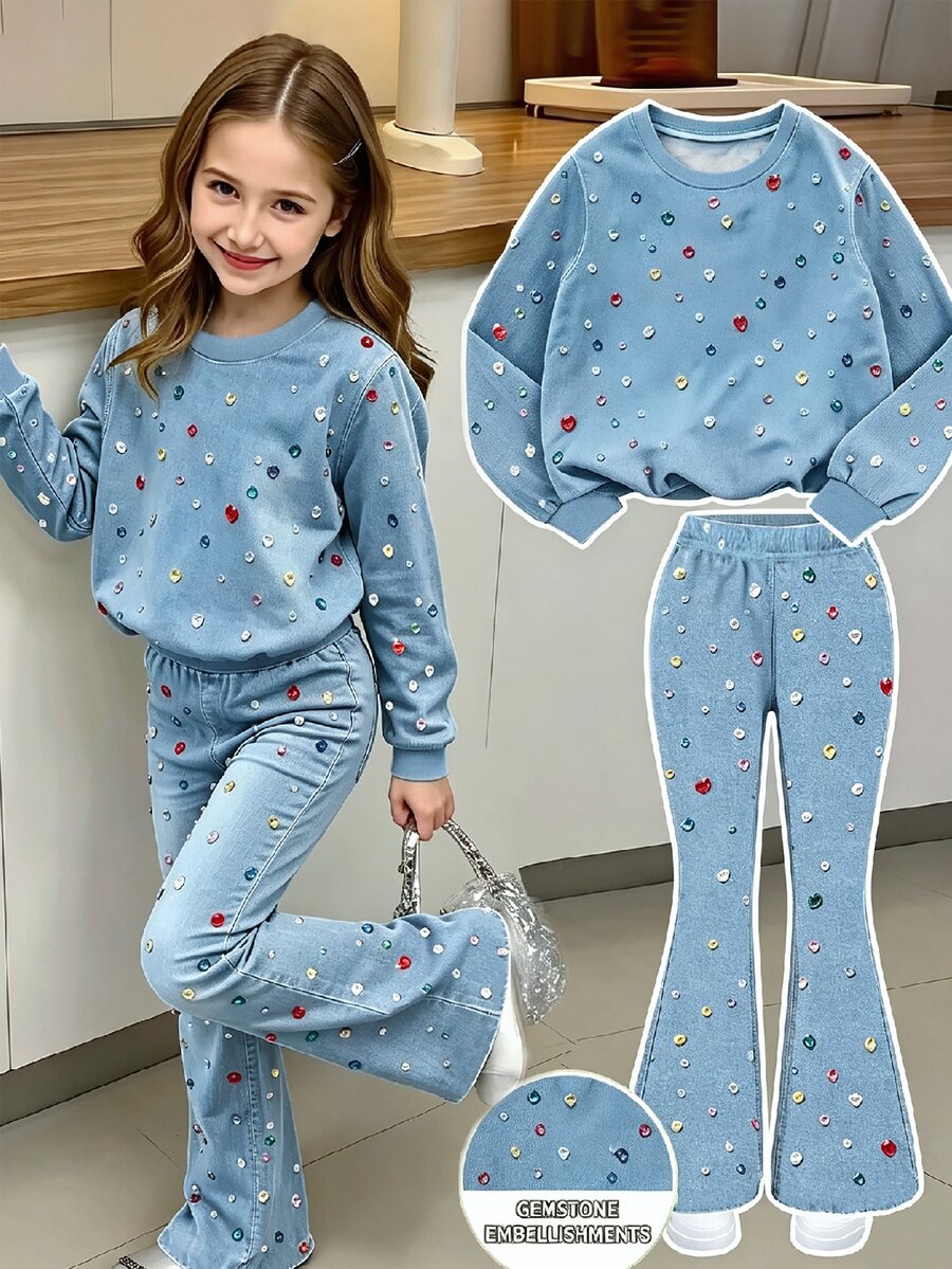 SHEIN ChillGRL Tween女孩 8-12歲 2件套連帽衛衣套裝,圓領長袖T恤與長褲,修身版型,冬季學生穿著,淺藍色可愛生日款 - 藍色 - 查看 1