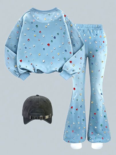 SHEIN ChillGRL Conjunto de 2 piezas de sudadera con capucha para niñas preadolescentes de 8 a 12 años, camiseta de cuello redondo de manga larga y pantalones, ajuste ceñido, azul claro lindo para la escuela en otoño