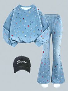 SHEIN ChillGRL Tween女孩 8-12歲 2件套連帽衛衣套裝，圓領長袖T恤與長褲，修身版型，冬季學生穿著，淺藍色可愛生日款 - 藍色 - 查看 3