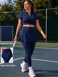 Rhythm Era Women's Plus-Size Navy Blue 2-In-1 Athletic Pants (With Attached Short Apron-Style Skirt) – Yoga & Fitness Skirt-Pants - Navy Blue - View 5