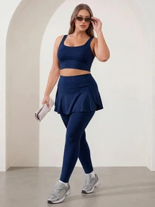 Rhythm Era Women's Plus-Size Navy Blue 2-In-1 Athletic Pants (With Attached Short Apron-Style Skirt) – Yoga & Fitness Skirt-Pants - Navy Blue - View 6