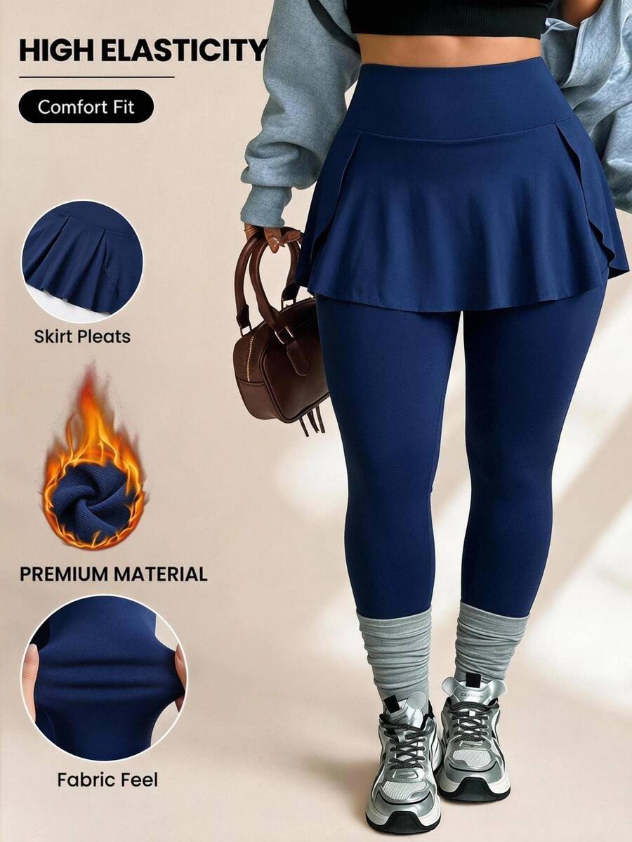 Rhythm Era Women's Plus-Size Navy Blue 2-In-1 Athletic Pants (With Attached Short Apron-Style Skirt) – Yoga & Fitness Skirt-Pants - Navy Blue - View 1
