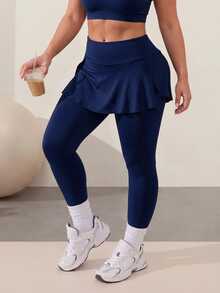 Rhythm Era Women's Plus-Size Navy Blue 2-In-1 Athletic Pants (With Attached Short Apron-Style Skirt) – Yoga & Fitness Skirt-Pants - Navy Blue - View 4