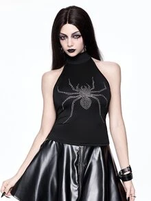 ROMWE Black Goth High Neck Cut-Out Shoulder Spider Rhinestone Knit Women's Tank Top - Black - View 5