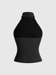 ROMWE Black Goth High Neck Cut-Out Shoulder Spider Rhinestone Knit Women's Tank Top - Black - View 9