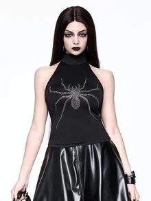 ROMWE Black Goth High Neck Cut-Out Shoulder Spider Rhinestone Knit Women's Tank Top - Black - View 8